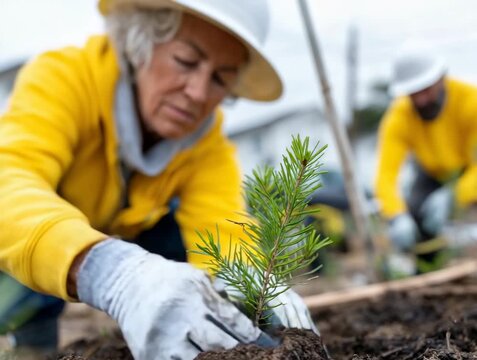 Volunteers plant young trees in community garden to promote environmental sustainability and green spaces