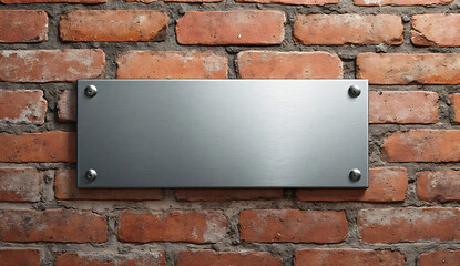 Blank metal nameplate design mockup on brick wall