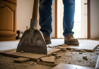 Professional floor scraper removing old ceramic tiles during home renovation | Close-up of construction worker demolishing flooring with manual tool | DIY home improvement project tile removal 
