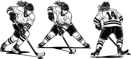 Hockey player action illustration set, ice sport dynamic poses, skating with puck and stick, athletic movement detail, flat vector © MD