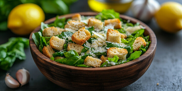 Fresh Caesar salad served in wooden bowl with croutons Generative AI