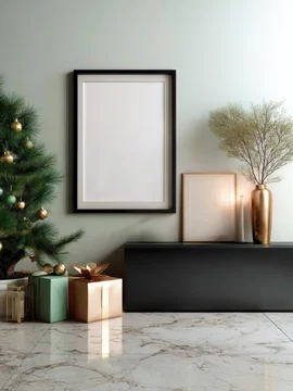 Christmas Framed Print Hanging on Decorated Wall