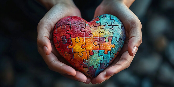 Hands join colorful puzzle pieces to form a heart Generative AI