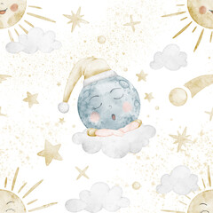 Seamless sky watercolor pattern with sleeping moon, sun, clouds, stars and comets. Illustration of soft night background for nursery wallpaper. Childish backdrop with day and night for baby bed linen.