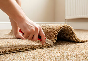 DIY home owner cutting new loop pile carpet with utility knife | Professional installer fitting beige flooring material close up | Installing textured tan carpet during residential renovation project