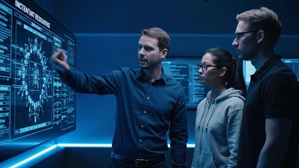 Group of skilled IT programmers collaborating in a data center command center. The male team leader is gesturing towards a monitor displaying data - Powered by Adobe