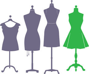 Variety of professional garment mannequins and stylish dress forms, including one vibrant green stand-alone unit, for fashion concepts.