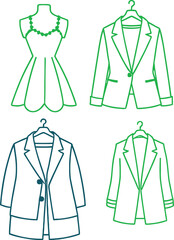 Stylized green and blue line art outlines of women's fashion apparel: dress, blazers, and long coats on hangers for clothing themes