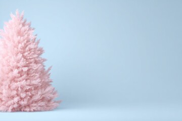 Soft pink Christmas tree stands against serene blue backdrop, ex