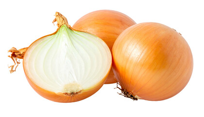 Three onions, one sliced open, showing layers and textures. Perfect for culinary use