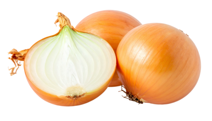 Three onions, one sliced open, showing layers and textures. Perfect for culinary use
