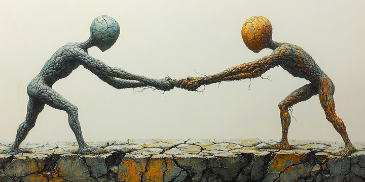 Humanoid figures reach for connection above cracked ground Generative AI