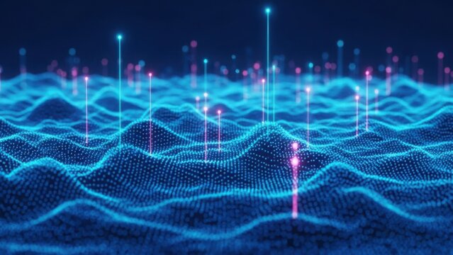 Digital wave landscape with glowing data points representing network and information flow
