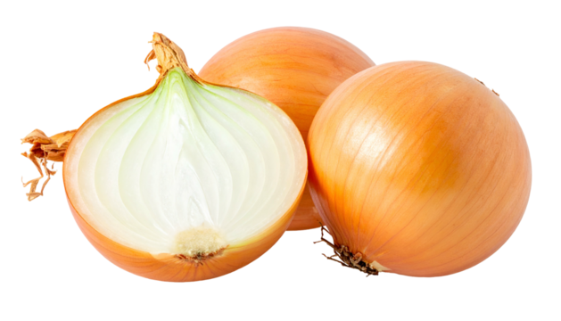 Three onions, one sliced open, showing layers and textures. Perfect for culinary use