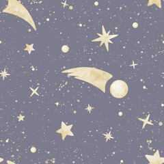 Seamless star watercolor pattern with comets, splashes and soft celestial shapes on a dark sky background. Illustration of night childish background for nursery bedtime design or bed linen.