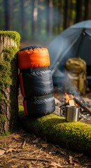 Rolled black and orange sleeping bag rests on mossy log by warm campfire at forest campsite