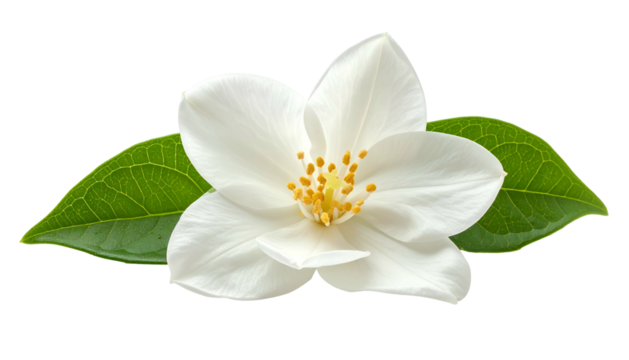 Close-up of a pure white flower, center with yellow stamens, surrounded by green leaves