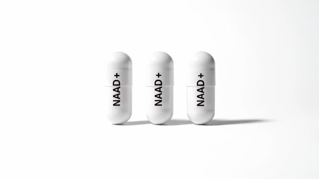 Successive NAD plus nicotinamide adenine dinucleotide capsules emerge singly in this visual. This nutritional supplement aids in cellular rejuvenation and enhancing energy production in cells