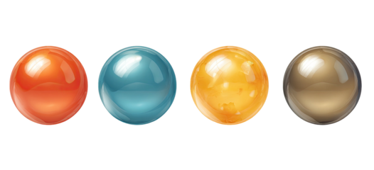 Four glossy spheres, orange, teal, yellow, and bronze, on black background