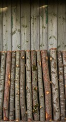 Stacked natural wooden logs with rough bark texture arranged against a rustic weathered timber wall background element