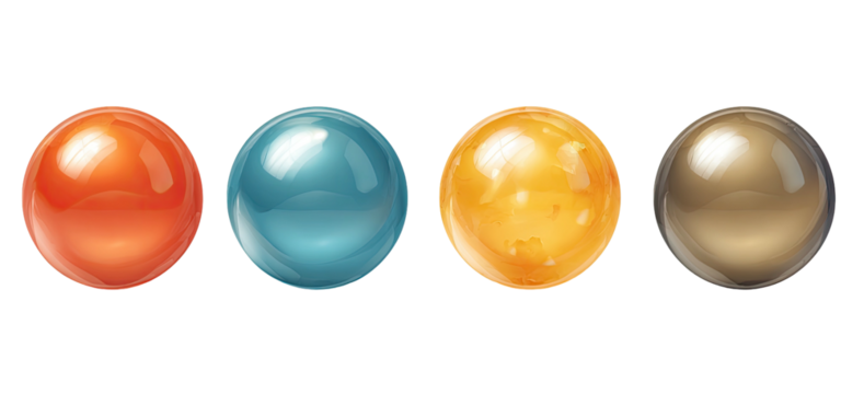 Four glossy spheres, orange, teal, yellow, and bronze, on black background