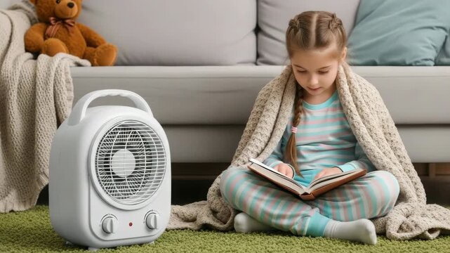 Young girl reading a book while sitting on carpet by heater  