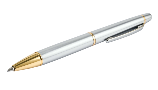 Metallic ballpoint pen with gold accents, isolated on a black background - Powered by Adobe