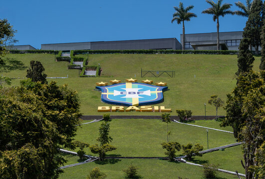 The CBF logo is prominently displayed at the Granja Comary football complex. Headquarters and main training center for the Brazilian national football team. TERESOPOLIS, RIO DE JANEIRO, BRAZIL