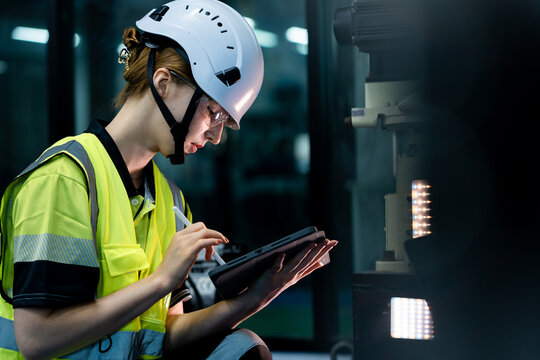 A woman wearing a yellow vest and a white helmet is looking at a tablet