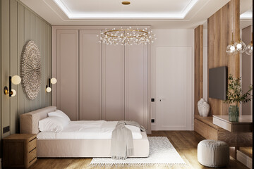3D model of a bedroom in a modern classic style in green colors