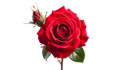 Naklejka premium Vivid image of a single, vibrant red flower with bud and green leaves against a black background