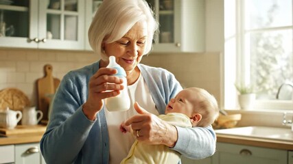 Senior woman lovingly cuddling and bottle feeding a precious newborn baby. Sweet infant enjoying a milk meal from the nurturing hands of his grandmother