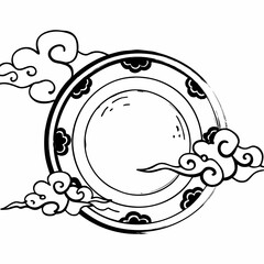 Traditional asian clouds surrounding a circular emblem