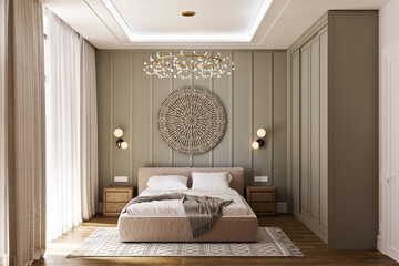 3D model of a bedroom in a modern classic style in green colors