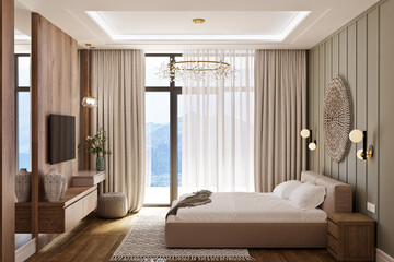 3D model of a bedroom in a modern classic style in green colors