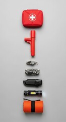 Essential survival gear and emergency preparedness kit elements for outdoor safety adventure readiness concept