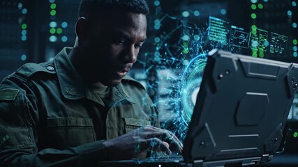 Intense military officer engrossed in coding on a durable laptop in a dimly lit server room. Advanced animated visuals displaying intricate data analysis - Powered by Adobe