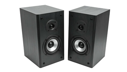 Obraz premium Pair of dark, modern rectangular loudspeakers, angled slightly, isolated on black background