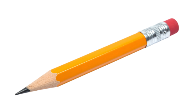 A close-up view of a yellow pencil with a sharp graphite tip and red eraser