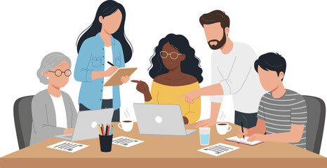 Diverse Group of Professionals Engaged in Collaborative Meeting with Laptops and Notes Creating a Dynamic Teamwork Environment