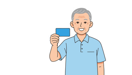 Elderly man smiling and holding a blank blue card for personal message or photo on transparent background perfect for multilingual greeting cards