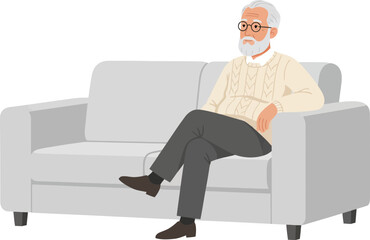 Elderly man with white hair and glasses sitting on a modern light gray sofa in a minimalistic setting with transparent background