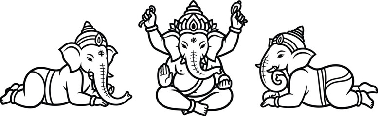 Ganesha deity illustration set, Hindu religious art, spiritual elephant god pose, divine cultural symbol with ornaments and symmetry, flat vector