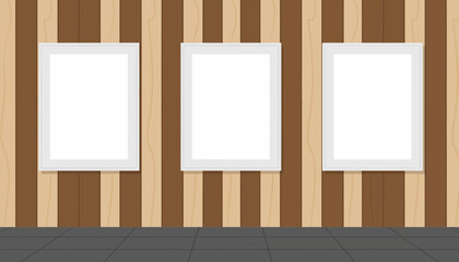 Empty Picture Frames Displayed Against a Wooden Wall with a Dark Floor View