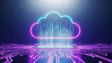 Cloud data transfer to circuit board, digital technology concept illustration