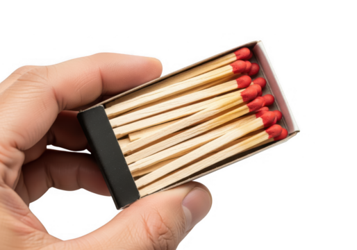 Hand holding an open matchbox filled with new wooden matches with red tips, ready for ignition.