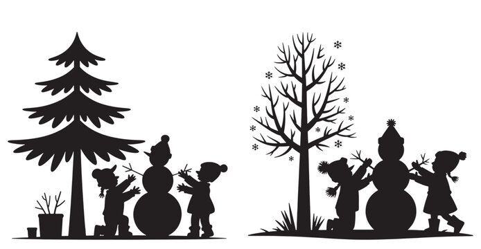 Silhouette of children making a snowman near trees a vector illustration for winter holidays and seasonal designs isolated on white background