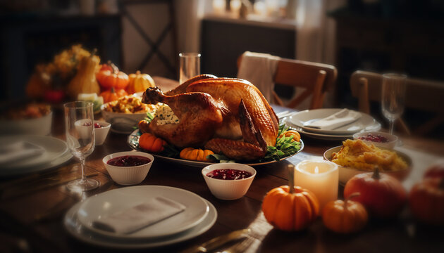 table festive avec dinde r&ocirc;tie et d&eacute;corations d&rsquo;automne pour repas convivial