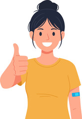 Happy young woman giving a thumbs up with medical bandage on arm on a plain background