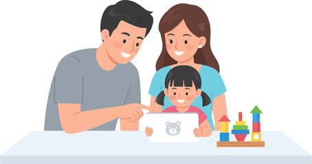 Happy family enjoying creative playtime with child engaging in digital drawing on table with educational toys